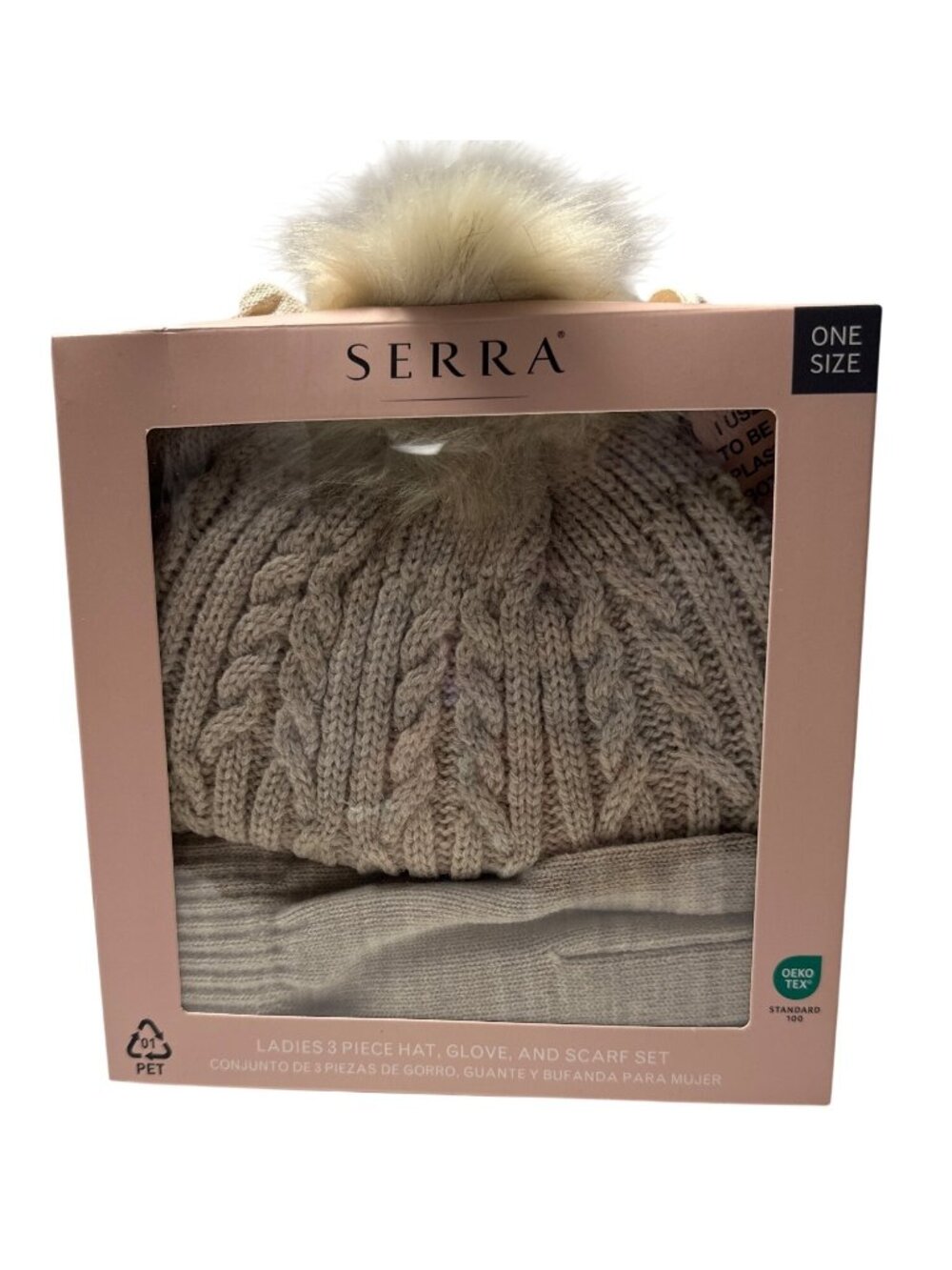 Serra Ladies 3-Piece Knit Hat Scarf & Gloves Set Faux Fur Pom Soft Beige One Siz